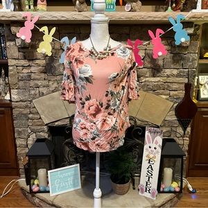NWOT Wanna B Pink Floral Print Ruffle Blouse Size Medium